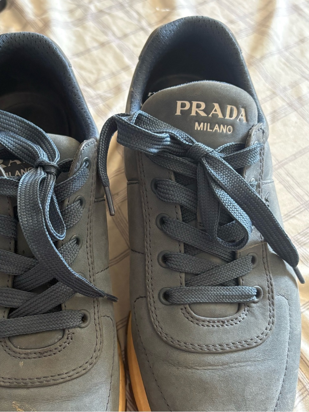 Prada Men’s Suede Sneakers — Slate Blue with Gum Sole